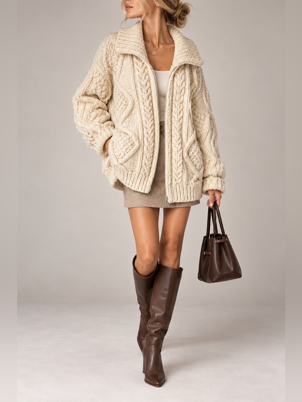 Handmade Alpaca Wool Zip-Up – Chunky Cable Knit Cream Cardigan. large oversized